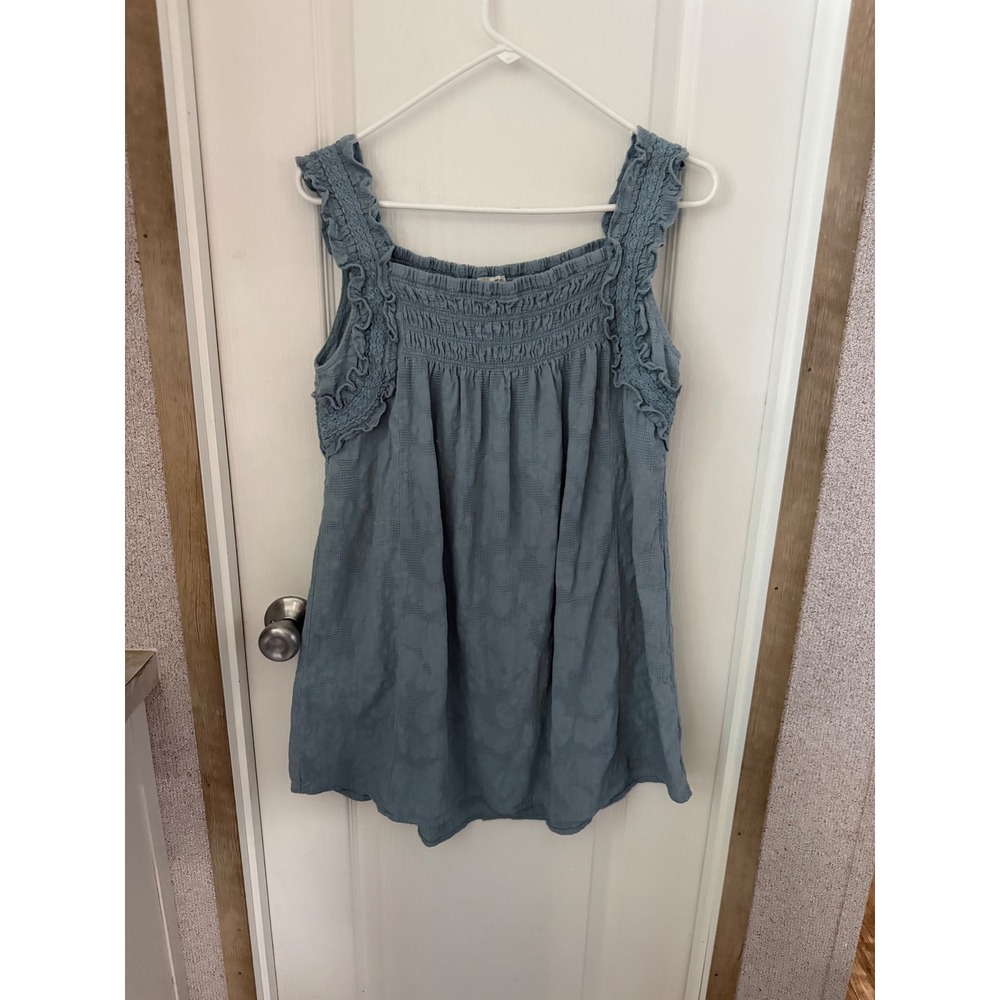Umgee USA Blue Smocked Ruffle Lace Trim Cotton Babydoll Tank Top A6977 Medium